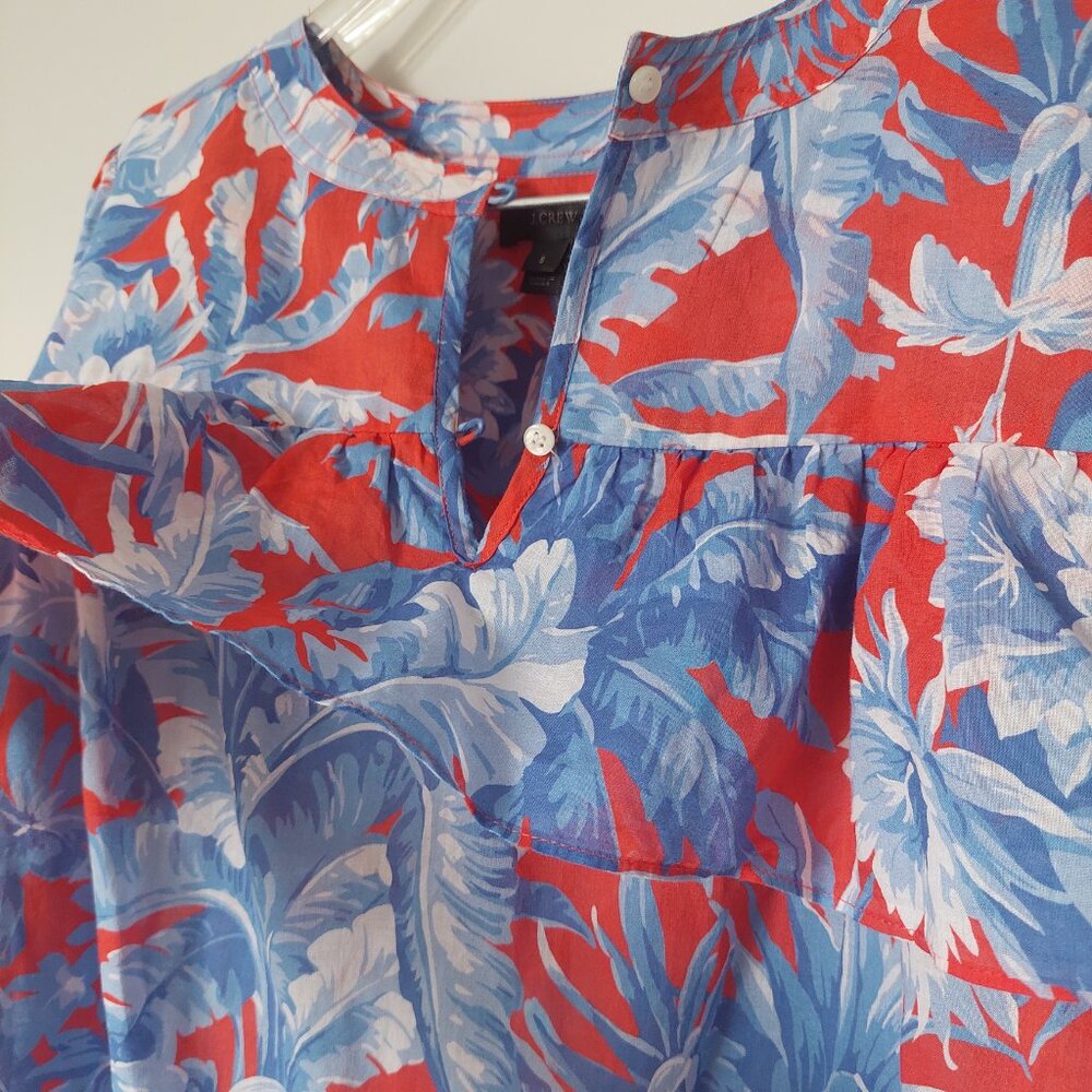 J. Crew Women's Sz S Long Sleeve Ruffle Top Ratti Rio Palm Floral Blue/Orange, - Picture 2 of 5